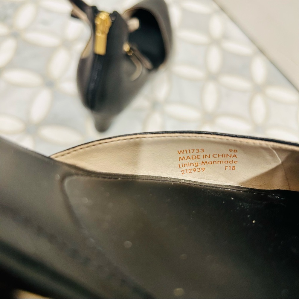 Cole Haan Grand.OS Black Leather Wedge Heels Size 9 Double Ankle Strap Gold Zip - Picture 10 of 11